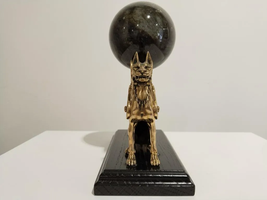 Brass Griffin Sculpture With Stone Orb 2