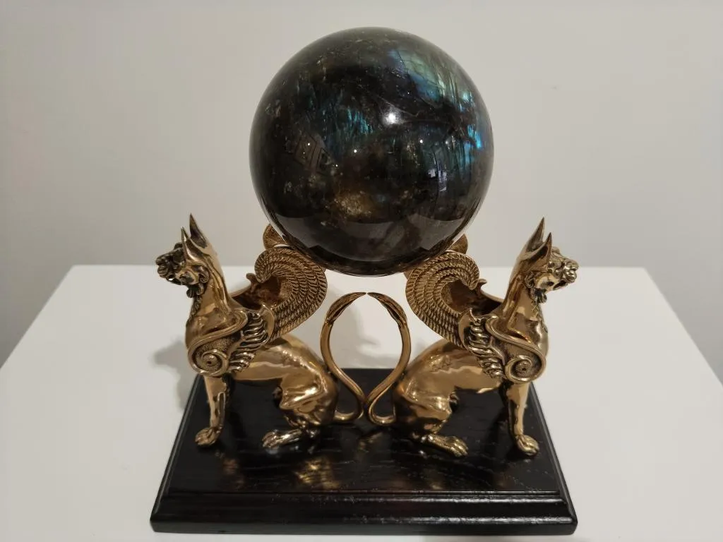 Brass Griffin Sculpture With Stone Orb 5