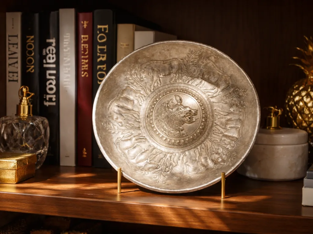 Greek Silver Libation Bowl Phiale with Boar Head 3