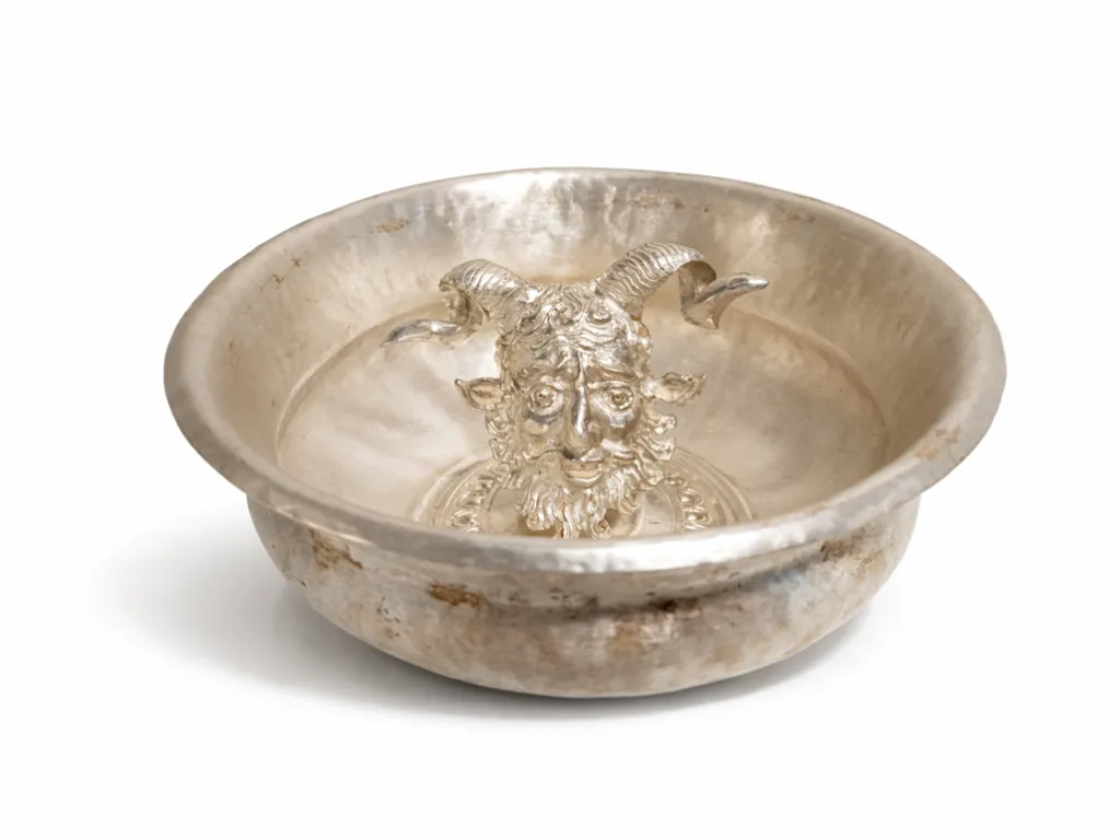 Greek Silver Libation Bowl Satyr Phiale