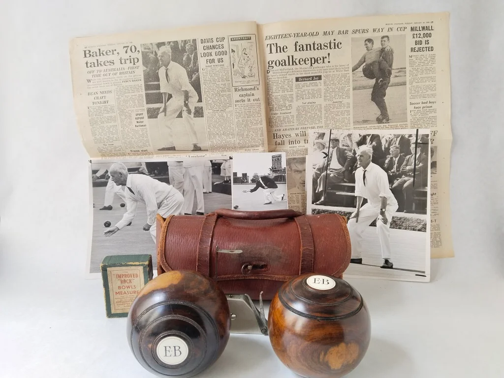 Percy Baker's 1950 Pair of English EJ Riley Lignum Vitae Lawn Bowls And Personal Collection