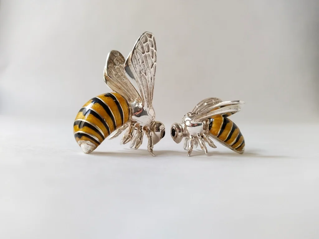 Saturno Sterling Silver And Enamel Wasps Figurines 19.1gr And 12.2gr