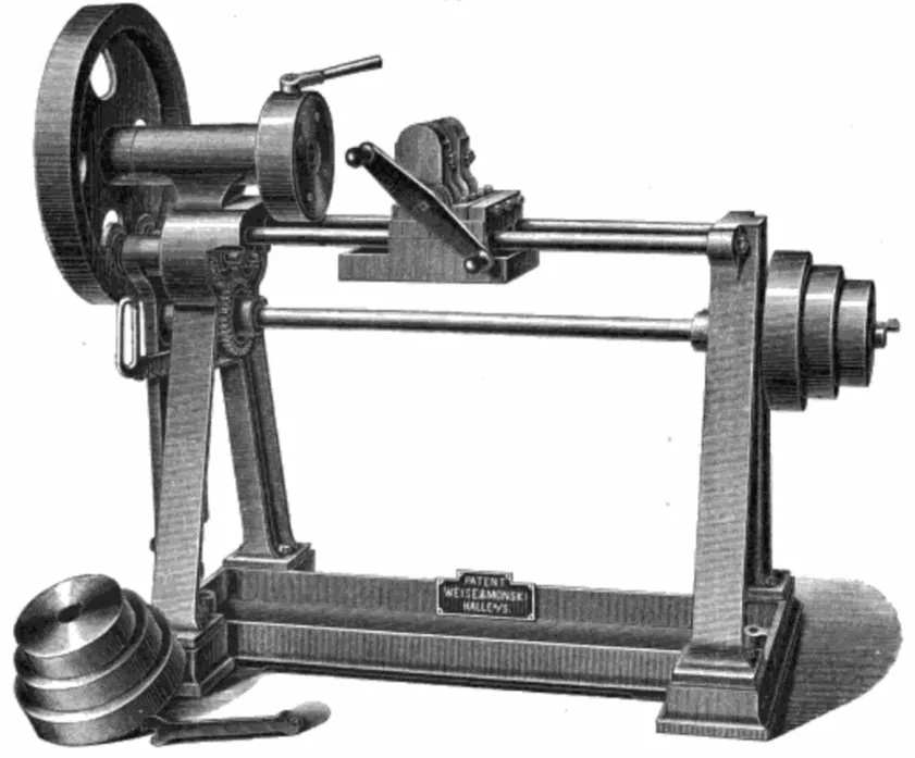 Engraving of a 19th-century wood-bending machine with flywheel, press, and support frame, patented by Weiszeamonski in Halle, used for shaping curved bentwood parts.