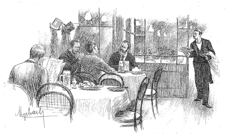 Black-and-white illustration of a Viennese restaurant interior with several men seated at tables and a waiter serving dishes, furnished with Thonet bentwood chairs No. 15.