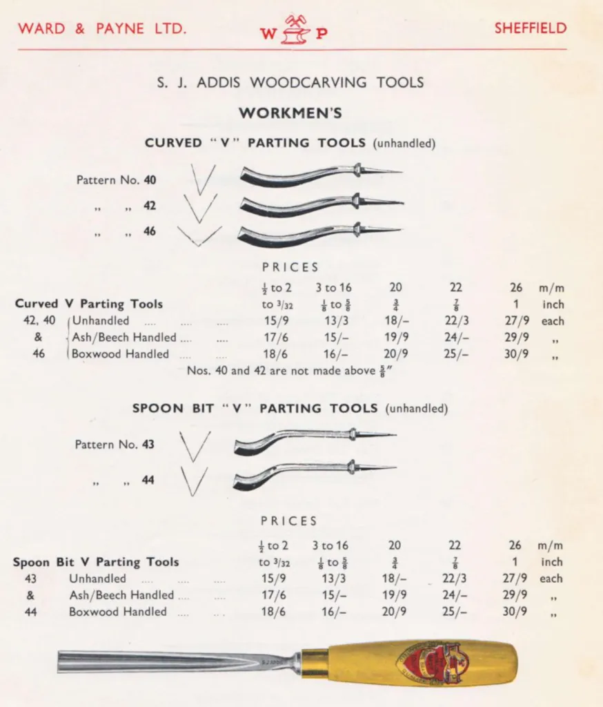 Eine Katalogseite von Ward and Payne Ltd aus dem Jahr 1961 mit technischen Zeichnungen und Preistabellen für gebogene Geißfüße und Löffel-Geißfüße von S. J. Addis.