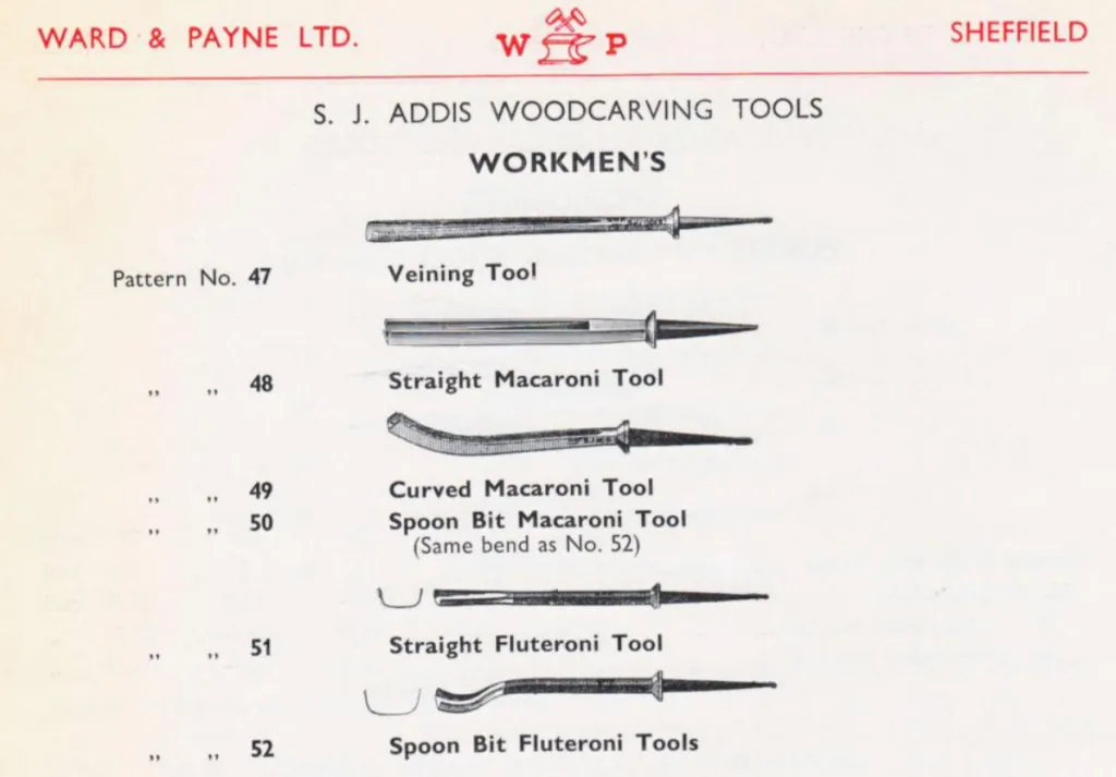 A 1961 catalogue page showing S. J. Addis specialized woodcarving tools including the Veining tool, Macaroni tools, and Fluteroni tools with their respective pattern numbers.