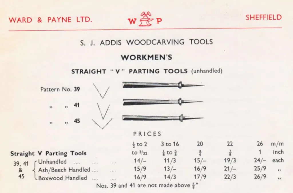 A 1961 catalogue page showing S. J. Addis Straight V parting tools with price tables for unhandled and handled versions.