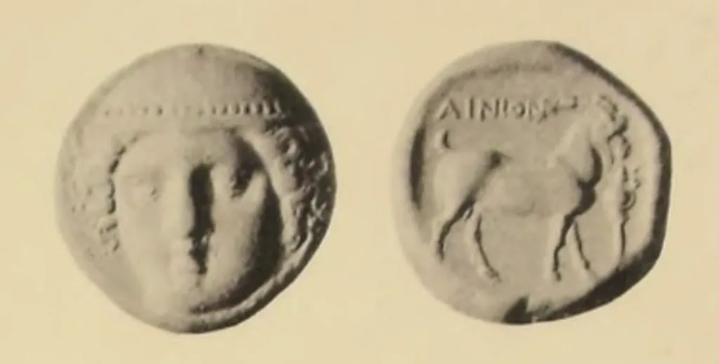 Ancient Greek silver tetradrachm coin from Ainos, Thrace, minted circa 382/381–380/379 BC, with a facing head of Hermes in a petasos on the obverse and a goat standing right with the legend AINION and a trophy on the reverse.