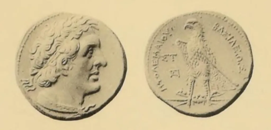 Goldpentadrachme Ptolemaios’ I. Soter aus Alexandria in Ägypten mit dem diademierten Kopf des Ptolemaios und einem Adler auf einem Blitzbündel.