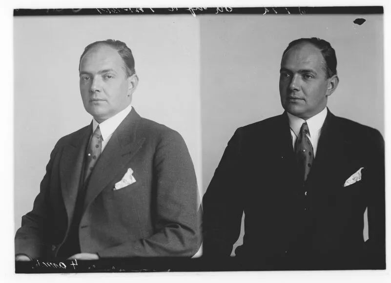 Two formal black-and-white portraits of Alfred Thonet in a suit and tie, photographed around 1940, representing the third Thonet generation of company leadership.