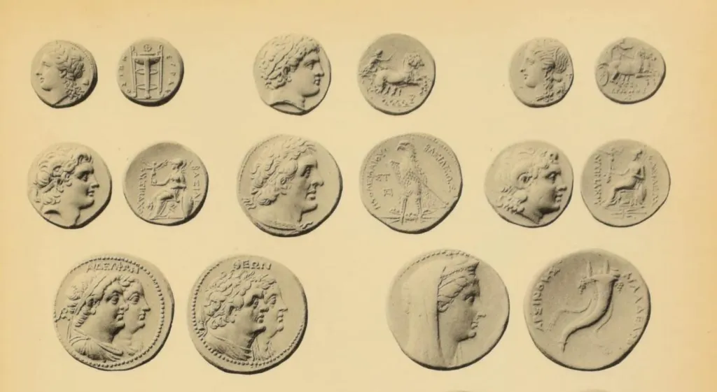 Ancient Greek coins associated with Ptolemy I, Philip II, Hiero II, and Alexander the Great, shown with obverse and reverse designs.
