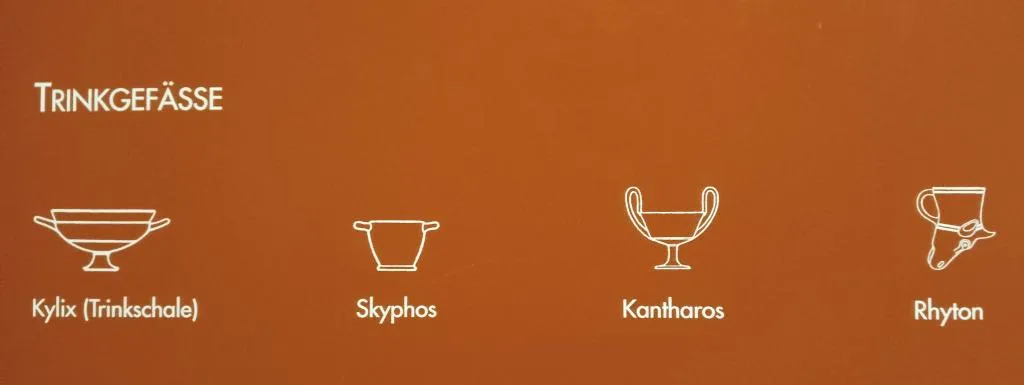Exhibit graphic showing outlines of ancient Greek drinking cups: kylix, skyphos, kantharos, and rhyton, used for wine consumption.