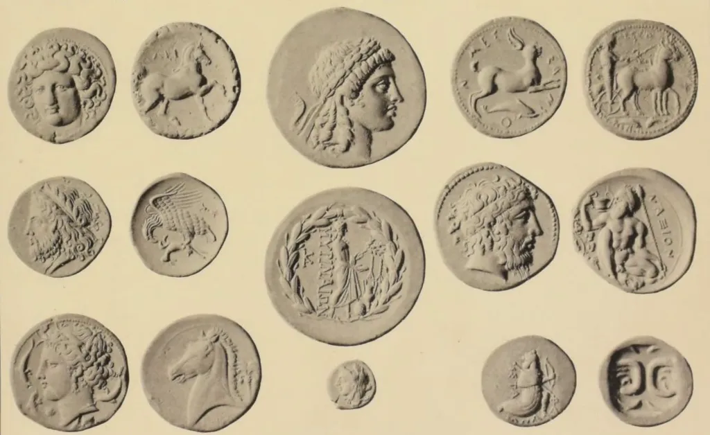 Collage-style plate of ancient Greek stater coins, showing multiple obverses and reverses with portrait heads, animals, and mythological figures arranged across the page.