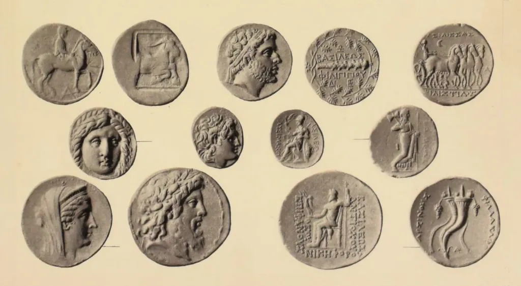 Montage of ancient Greek silver AR didrachm coins showing obverse and reverse types with portraits, horse and chariot scenes, seated figures, and Greek inscriptions.