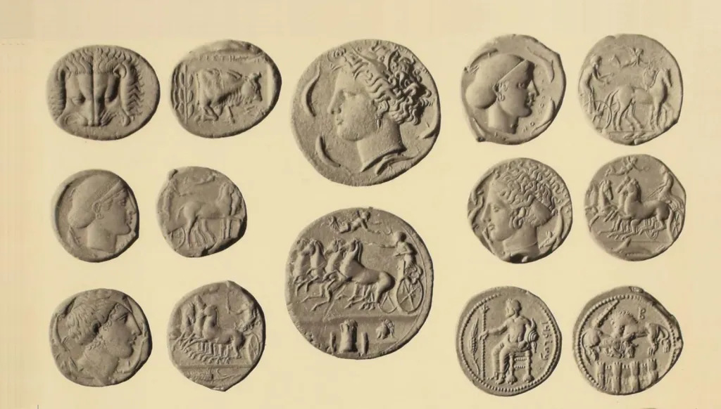Composite image of ancient Greek silver AR tetradrachm coins, showing obverse heads and reverse designs with horses, chariots, and seated deities.