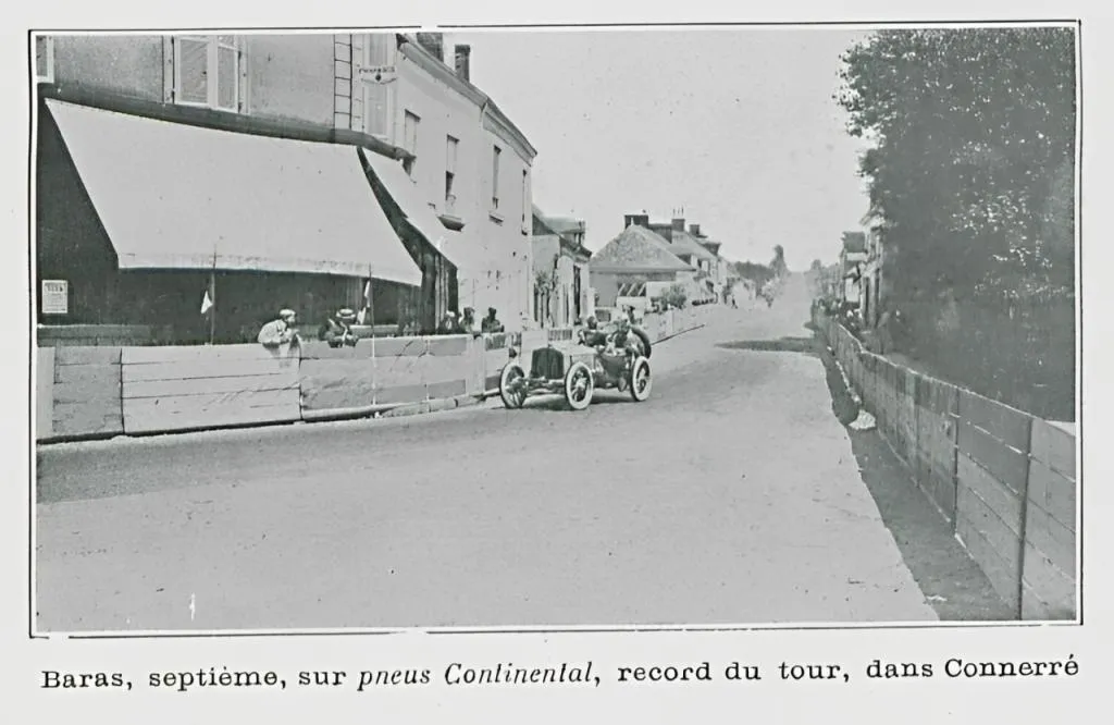 Baras, siebter Platz, auf Continental-Reifen, mit Rundenrekord in Connerre beim Grand Prix de l'Automobile Club de France 1906.