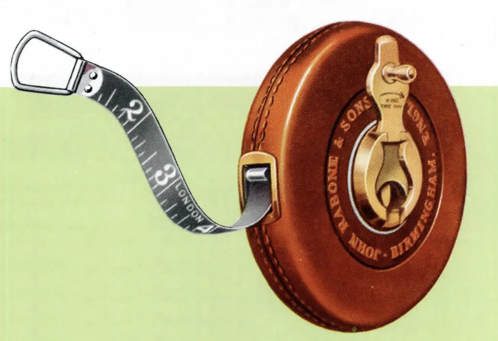 Close-up of a vintage Rabone black etched steel measuring tape in a round brown leather case with brass crank handle, showing black tape with white etched inch markings.