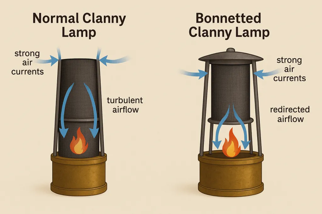 Nebeneinanderstellung einer normalen Clanny-Lampe und einer Clanny-Lampe mit Haube.