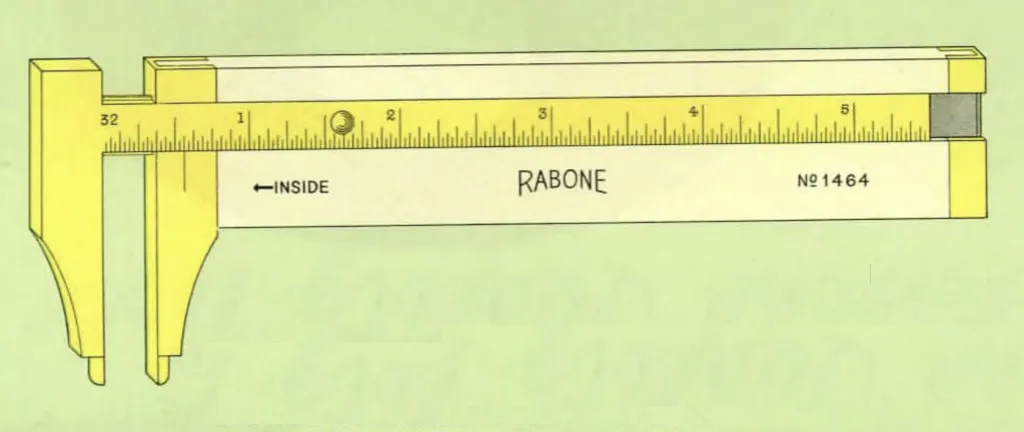 Illustration of Rabone No. 1464 brass and boxwood calliper gauge showing a brass sliding scale marked in 32nds, with additional inch markings, designed for internal and external measurement use.