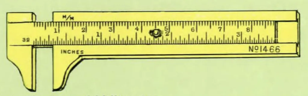 Close-up of a Rabone No. 1466 brass calliper gauge with dual scales in 32nds of an inch and millimetres.