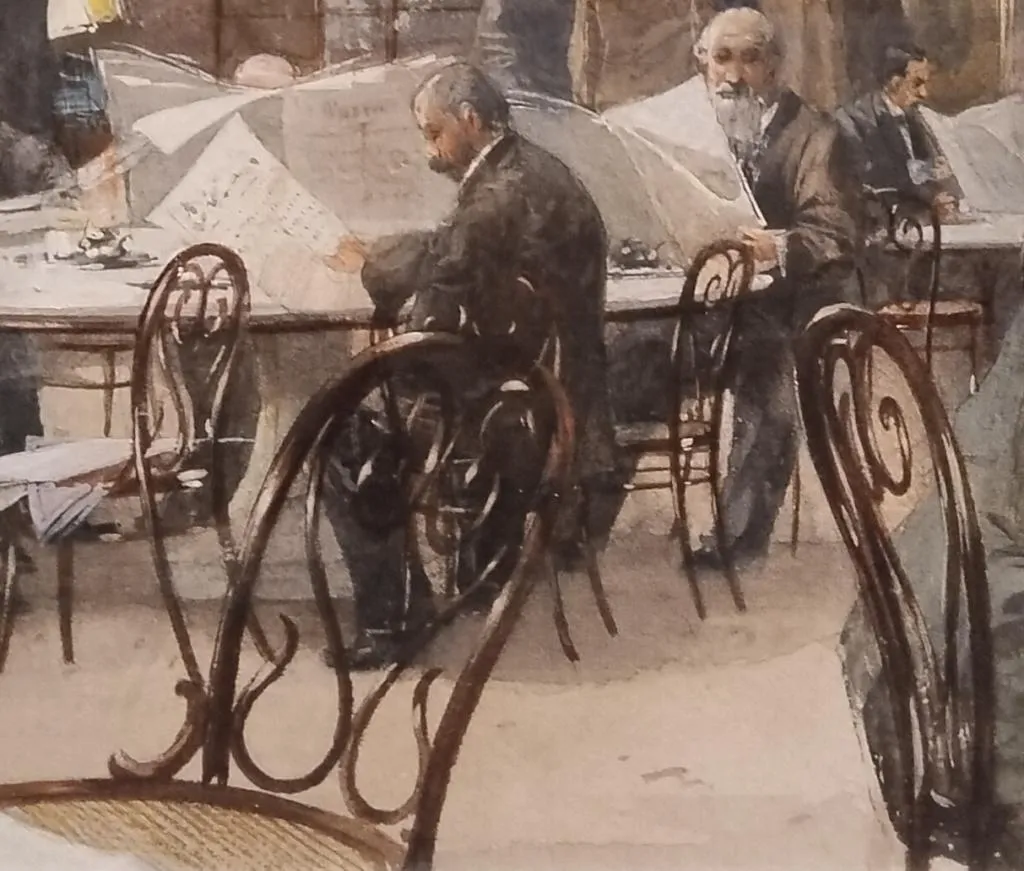 Enlarged detail of Reinhold Richard d. J. Völkel’s Café Griensteidl painting, focusing on Thonet bentwood Chair No. 4 around café tables with men reading newspapers.