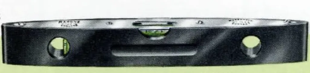 Illustration of John Rabone & Sons spirit level No. 1623, made from Bakelite in canoe shape, featuring one plumb tube and one horizontal level tube.