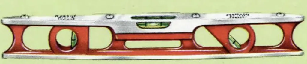 Image of John Rabone canoe-shaped die-cast aluminium spirit levels, models No. 1420 and No. 1421, each 9 inches long. The tools feature brass-colored fittings and Rainbow glass tubes, with one plumb tube and one level tube (No. 1420), and an additional 45° angle plumb tube on No. 1421.