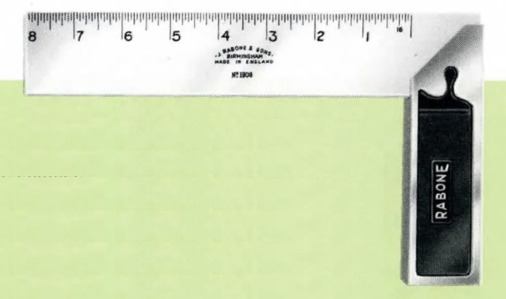 Black cast iron carpenter’s square with steel blade, precision ground and marked in 16ths on both sides. Sizes range from 4 to 12 inches. Model No. 1908 by John Rabone & Sons.