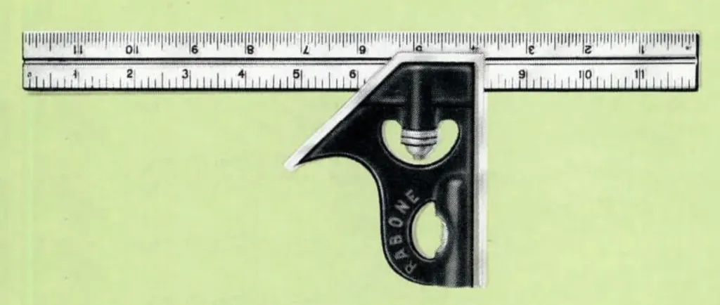 Illustration of the John Rabone & Sons Combination Square No. 1902, featuring a cast head and steel rule, marked in 8ths and 16ths of an inch. Offered in 6-inch, 9-inch, and 12-inch sizes, with integrated spirit level.