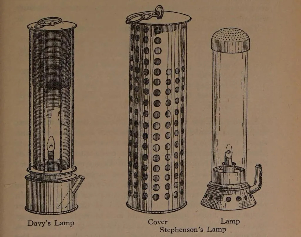 Side-by-side drawing of the Davy Lamp and Stephenson’s Geordie Lamp, highlighting structural and safety differences.
