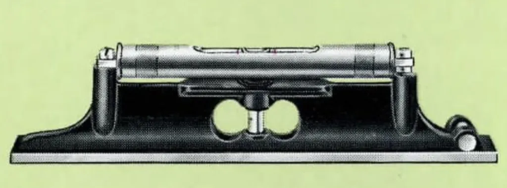 Black-and-white illustration of John Rabone & Sons Engineers’ iron spirit levels. Model No. 1382, 12 inches long, includes an adjustable plumb tube and cross level. A larger version, No. 1385, measures 18 inches and is equipped with two adjustable plumb tubes.