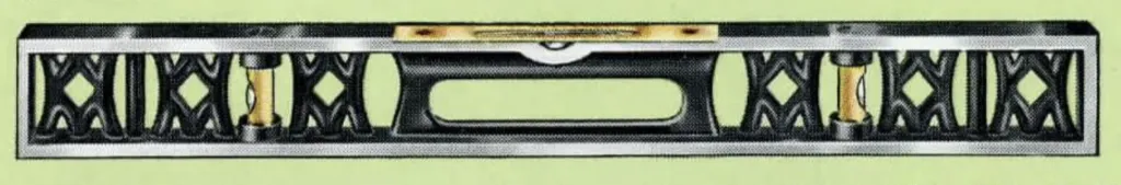 Black-and-white illustration of Engineers’ Iron Spirit Level No. 1387. The cast-iron frame features decorative cut-outs and includes one fixed level tube and two adjustable plumb tubes. Available lengths: 9, 12, 15, 18, and 24 inches.