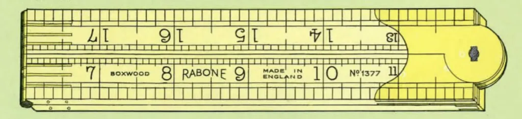 Close-up of a vintage Rabone folding boxwood rule No. 1377 with brass arch joint, black printed inch markings, and Made in England stamp.