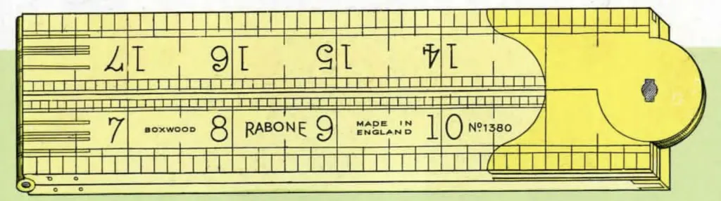 Close-up of a vintage Rabone No. 1380 folding boxwood rule with brass arch joint, clear black inch markings, and Made in England stamp.