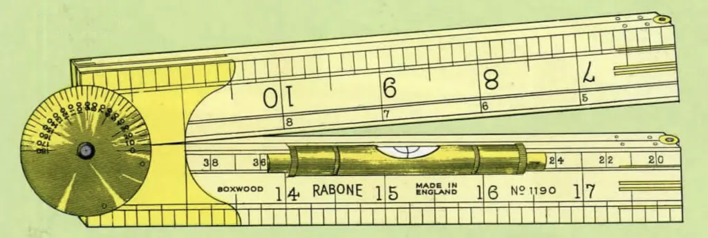 Close-up of a vintage Rabone No. 1190 folding boxwood rule featuring a brass arch joint, built-in spirit level, and circular protractor, with inch and auxiliary scales.