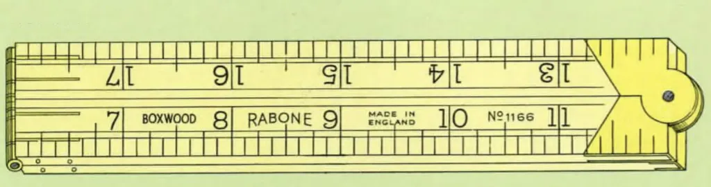 Close-up of a vintage Rabone folding boxwood rule, No. 1166, with brass joint, black printed inch markings, and Made in England stamp.