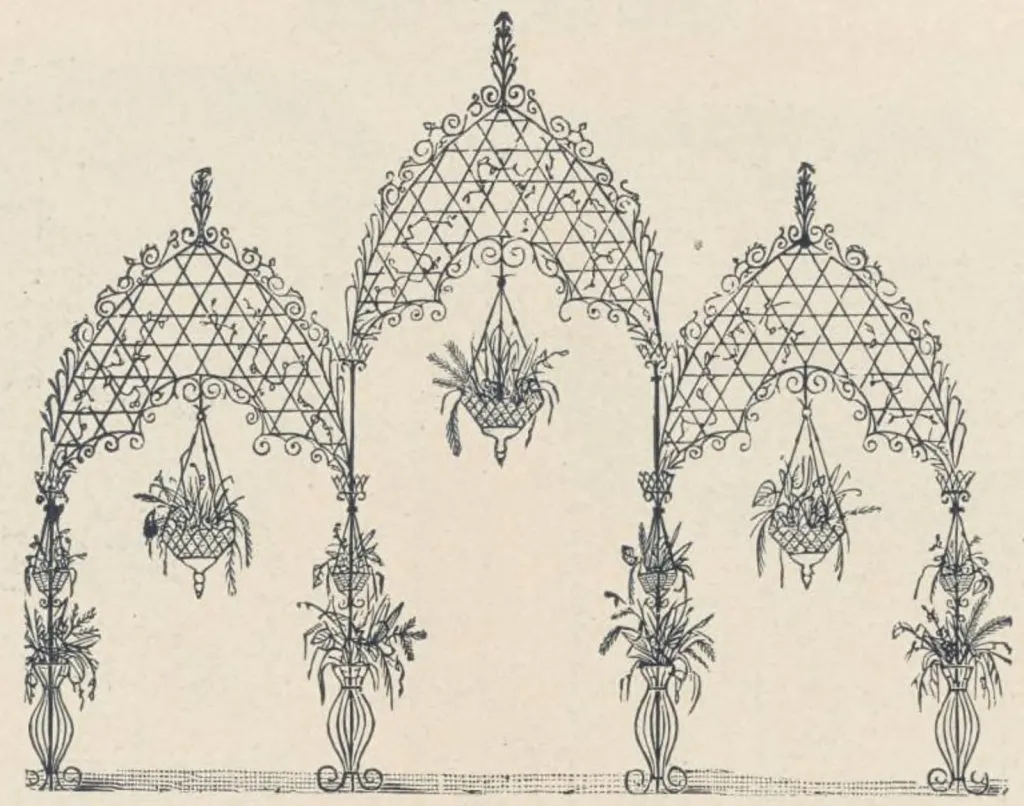 Historical wire and iron garden arches with Gothic latticework and hanging plant baskets.