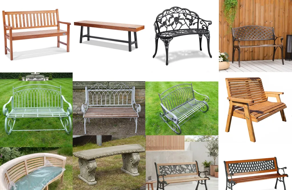 Collage featuring various garden benches, including wooden park benches, cast iron benches, metal benches, stone benches, and mixed wood-and-metal outdoor benches in different traditional and modern styles.