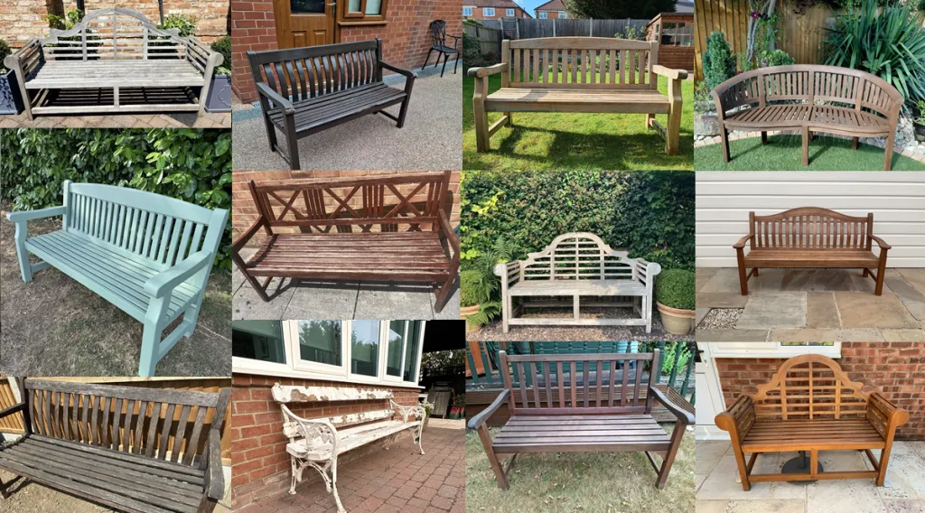 Eine Collage mit zwölf Gartenbänken in unterschiedlichen Gärten und auf Terrassen. Zu sehen sind klassische Lattenbänke, Modelle mit Sprossen- und Gitterrückenlehnen, geschwungene Rückenlehnen, lackierte und gebeizte Holzbänke, verwitterte Teakbänke sowie eine historische Gartenbank mit gusseisernen Seitenteilen und Holzleisten. Die Farbpalette reicht von Naturholz über Dunkelbraun, Schwarz und Grau bis hin zu Salbeigrün und zeigt verschiedene Designs, Materialien und Erhaltungszustände.