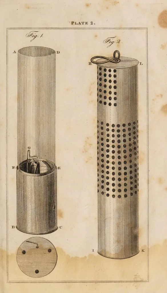Technical drawing of Stephenson’s Geordie Lamp showing air inlets, wick tube, trimming wire, and perforated protective cover.