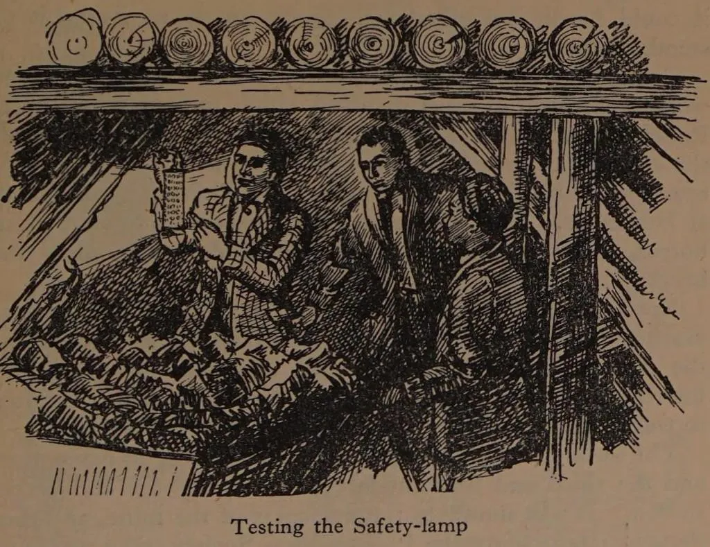 Illustration of George Stephenson demonstrating his Geordie Lamp to fellow miners during an underground safety test.