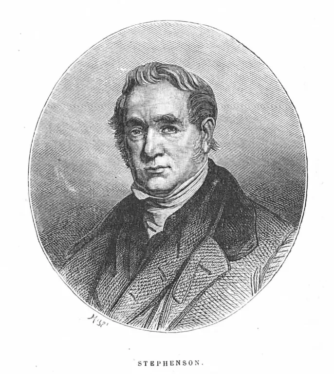 Detailed engraving of George Stephenson, known for inventing the Stephenson Lamp and advancing early railway technology.