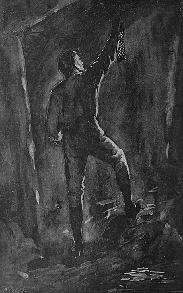 Illustration of George Stephenson testing his Geordie Lamp underground to prevent mine explosions caused by firedamp.
