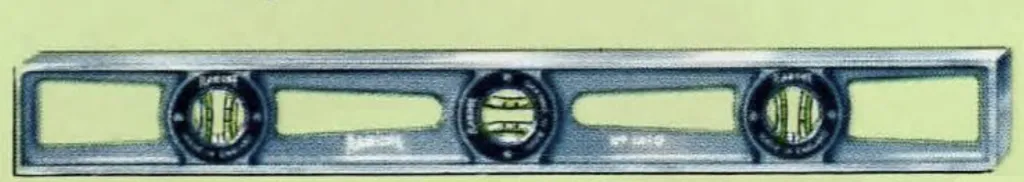 Illustration of John Rabone aluminium die-cast spirit level No. 1410. Heavy section, adjustable design, 2 5/8 inches high by 1 1/8 inch wide, available in lengths of 24, 30, 36, and 48 inches, fitted with two pairs of plumb tubes and one pair of level tubes.