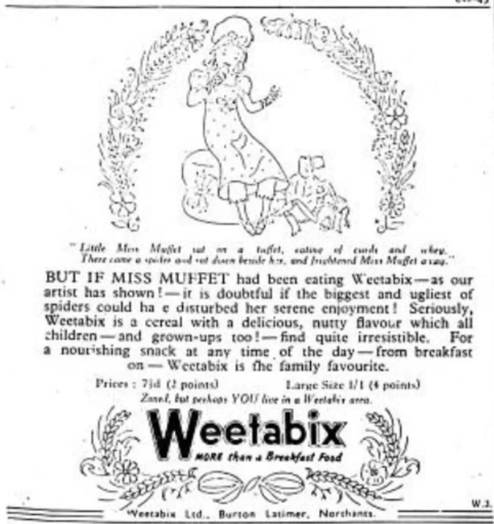 Schwarz-weiße historische Weetabix-Zeitungswerbung mit Miss Muffet neben einer Spinne und Werbetext für Weetabix als Mehr als nur ein Frühstück.