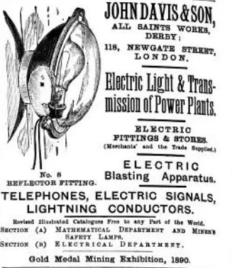 Anzeige von John Davis & Son, London und Derby, mit Angeboten für elektrische Lampen und Zubehör für den Bergbau, einschließlich Sprengtechnik und Sicherheitslampen. Goldmedaille, Mining Exhibition 1890.