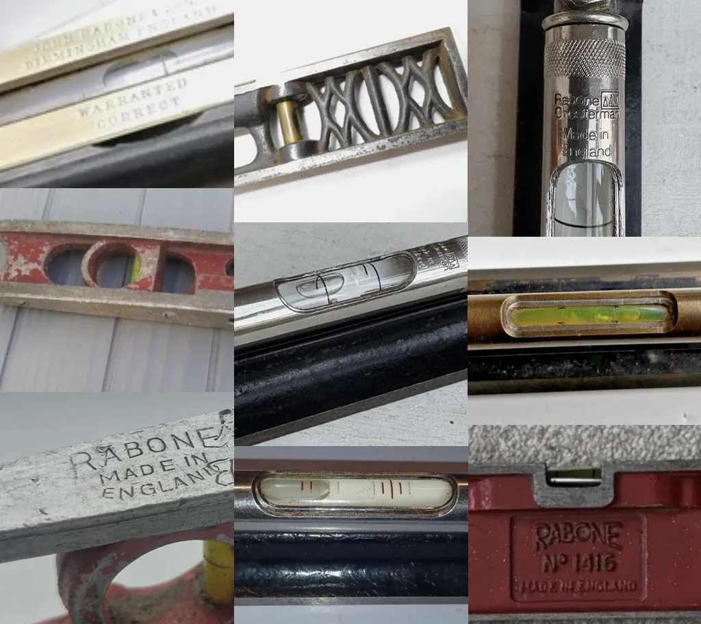 Collage showing close-ups of vintage John Rabone & Sons spirit levels, including bubble vials, engraved markings, and various aluminium and iron body styles. Made in England.