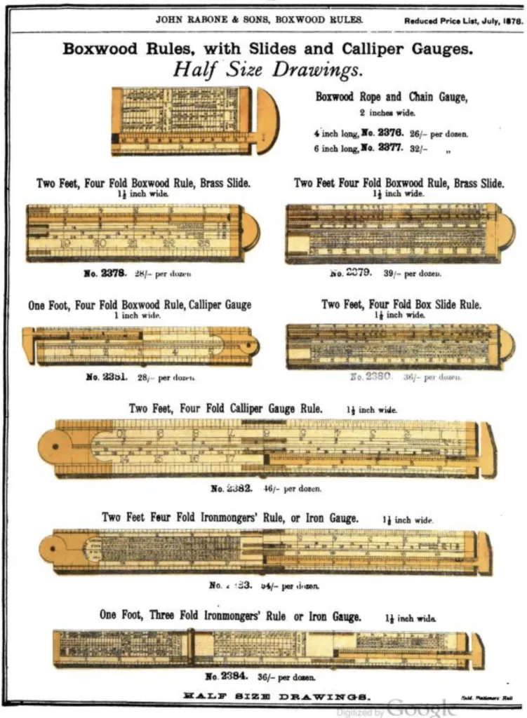 Price list page titled Boxwood Rules, with Slides and Calliper Gauges showing half-size drawings: a boxwood rope and chain gauge 2 in wide in 4 or 6 in lengths; two-foot four-fold boxwood rules with brass slide in 1½ and 1¼ in widths; a one-foot four-fold calliper gauge rule 1 in wide; a two-foot box slide rule 1¼ in wide; a two-foot four-fold calliper gauge rule 1½ in wide; and ironmongers rules or iron gauges in one-foot three-fold and two-foot four-fold formats.