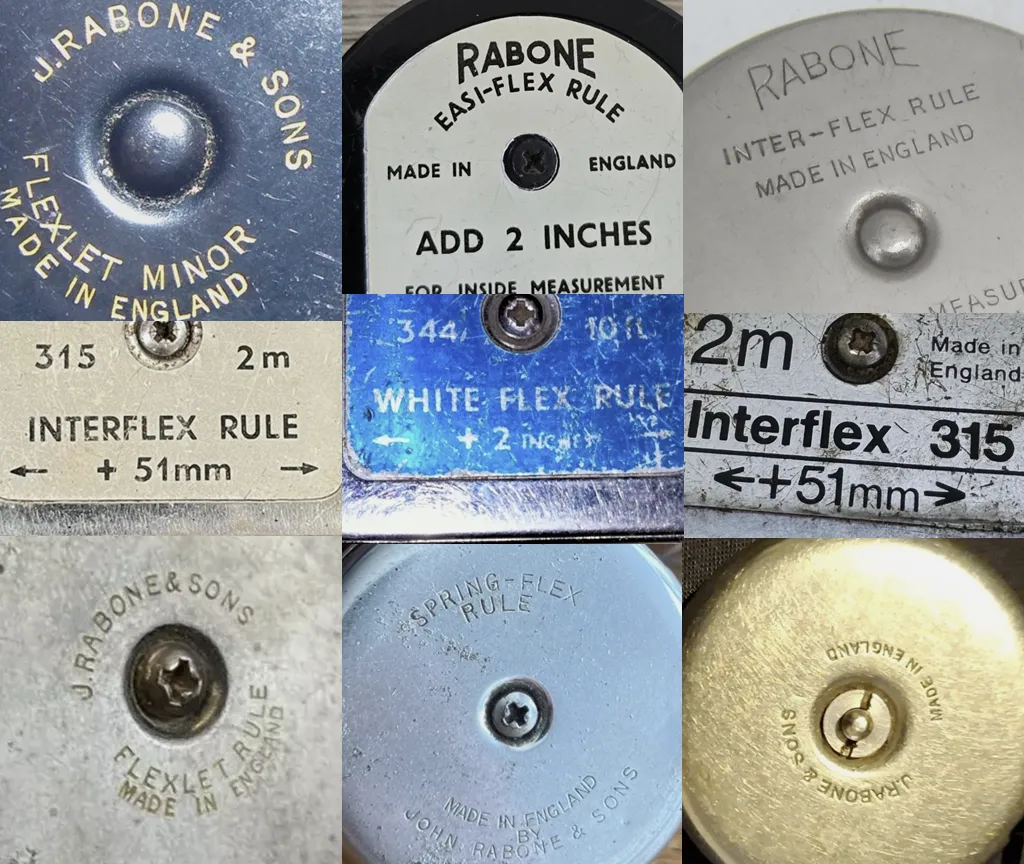 Collage of nine close-up images showing the faces of vintage John Rabone & Sons measuring tapes. Labels include Flexlet Minor, Interflex Rule, Easi-Flex Rule, and White Flex Rule, all marked Made in England.