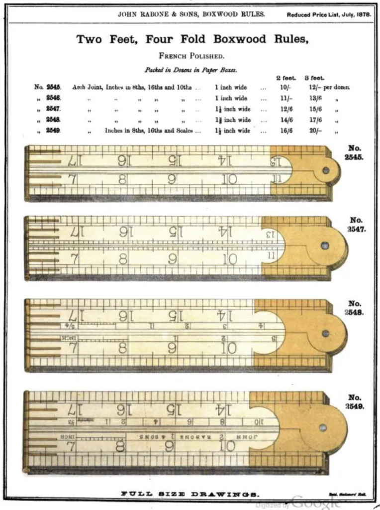 Catalog page showing four French-polished boxwood folding rules with arch joint, models No. 2545, 2546, 2547, 2548 and 2549, marked in inches to 8ths, 16ths and 10ths, widths from 1 to 1½ inches, lengths 2 and 3 feet, full size drawings.